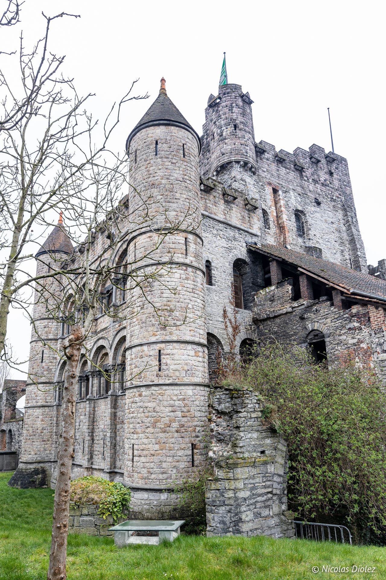 Château des Comtes de Gand en pierre avec tour crénelée et herbe verte.