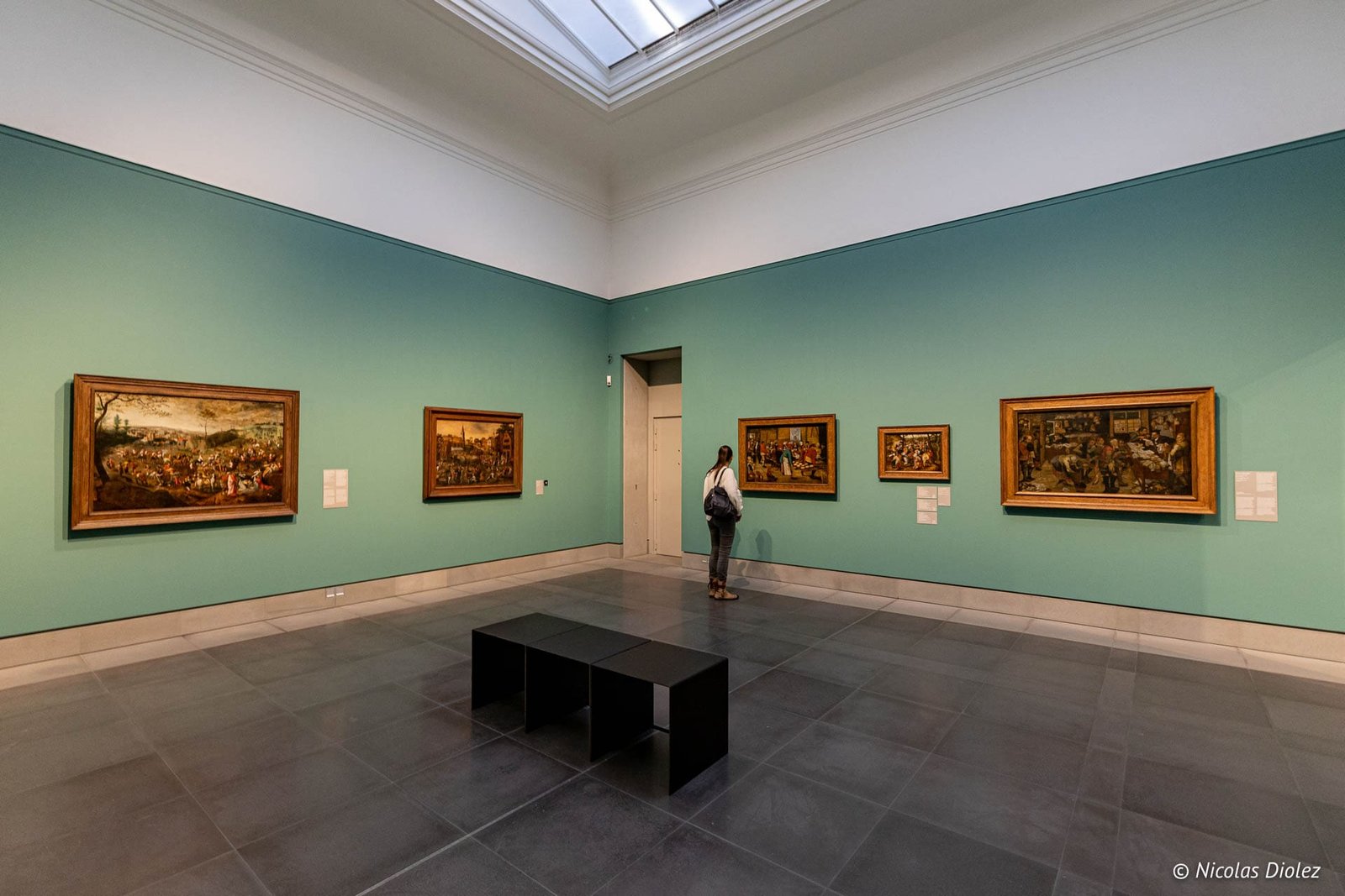 Salle d'exposition du Musée des Beaux-Arts de Gand avec une visiteuse admirant des peintures.