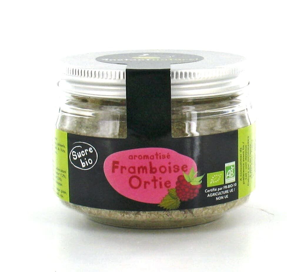 Bocal de sucre bio aromatisé Framboise Ortie pour la Chandeleur.