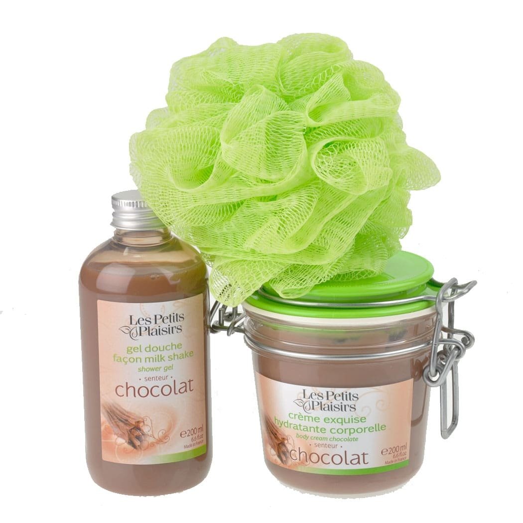 Valentine's Day 'Little Pleasures' gift set: chocolate shower gel, body cream, and shower flower.