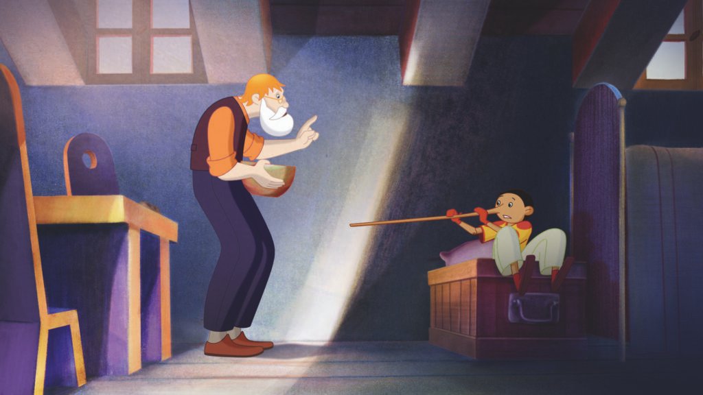 Scène de Pinocchio avec le long nez devant Geppetto.