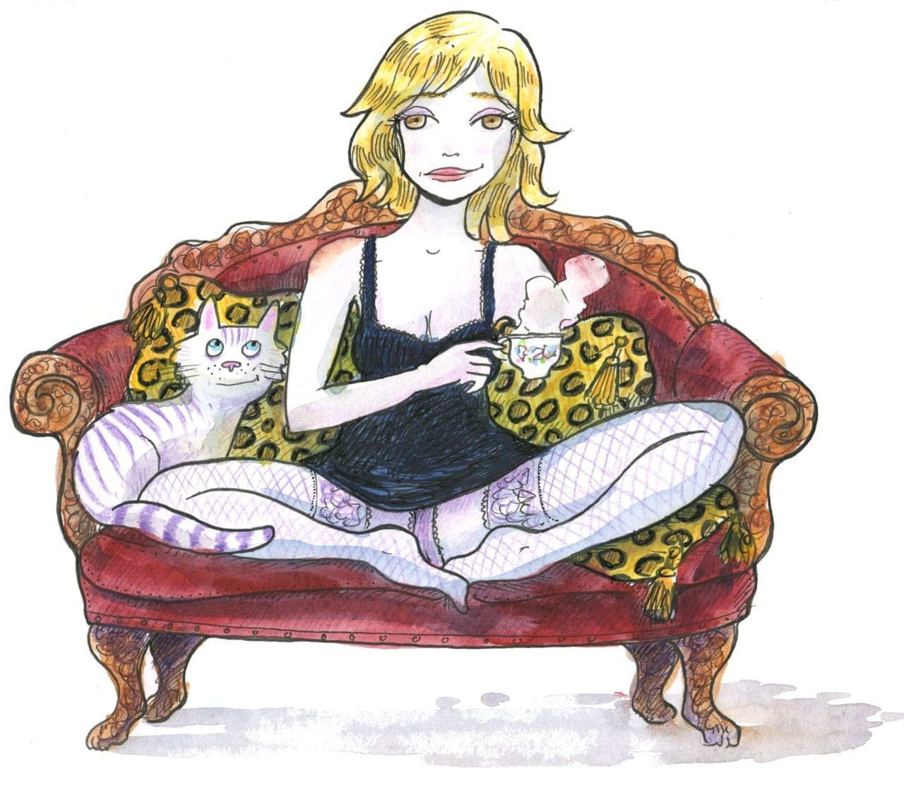1© Parigramme Illustration femme blonde chaton et thé sur fauteuil rouge style Parigramme.
