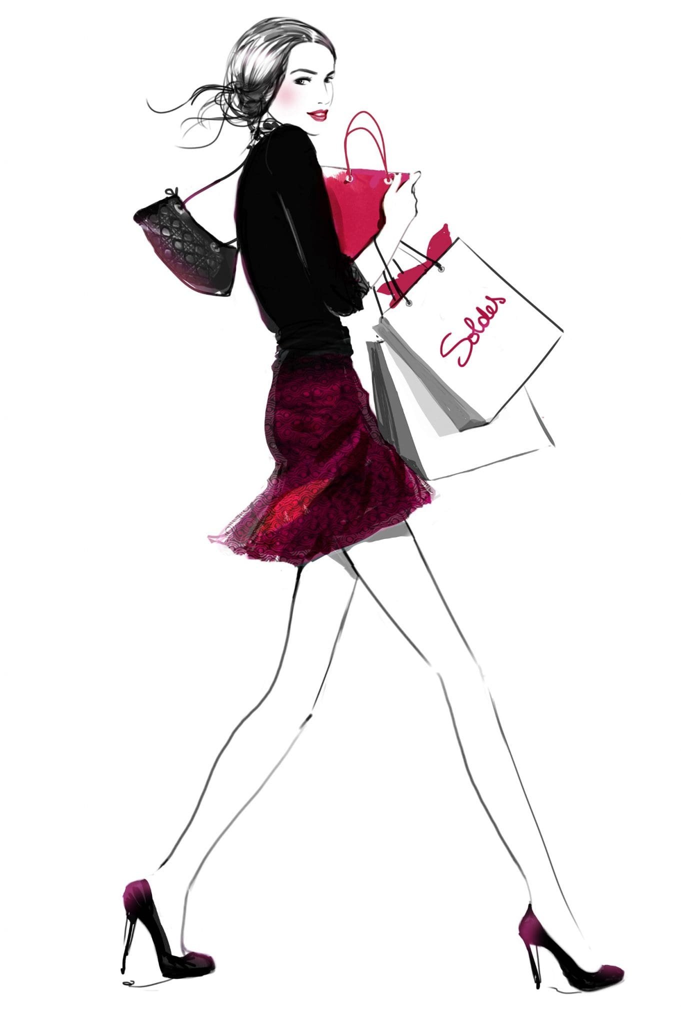 Femme stylisée marchant avec sacs et sac à main, mention Soldes.