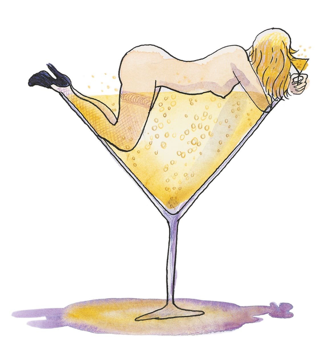 Paris couche toi là ©Parigramme Illustration femme blonde dans un verre à cocktail plein de champagne, Parigramme.