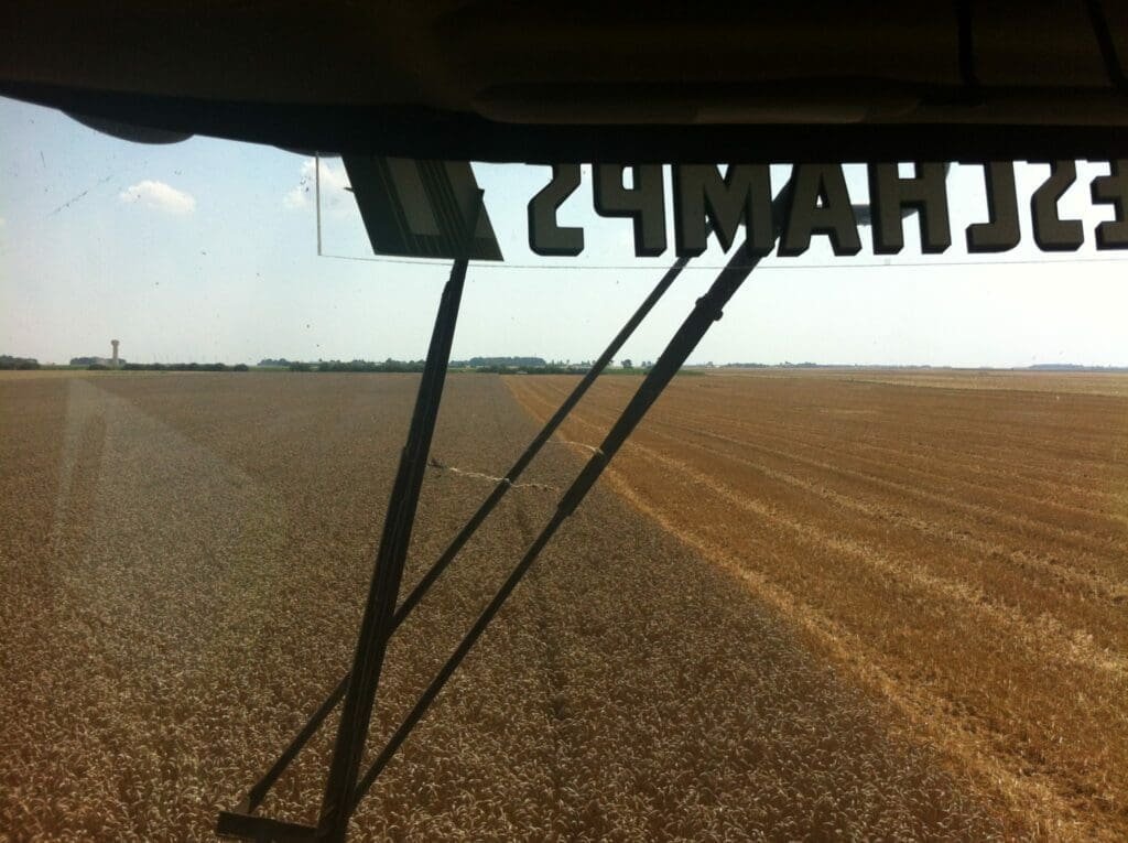 Vue de la moissoneuse3 ┬® AGENCE 914 Vue depuis moissonneuse MAIZE sur champ de blé prêt à récolter en Beauce.