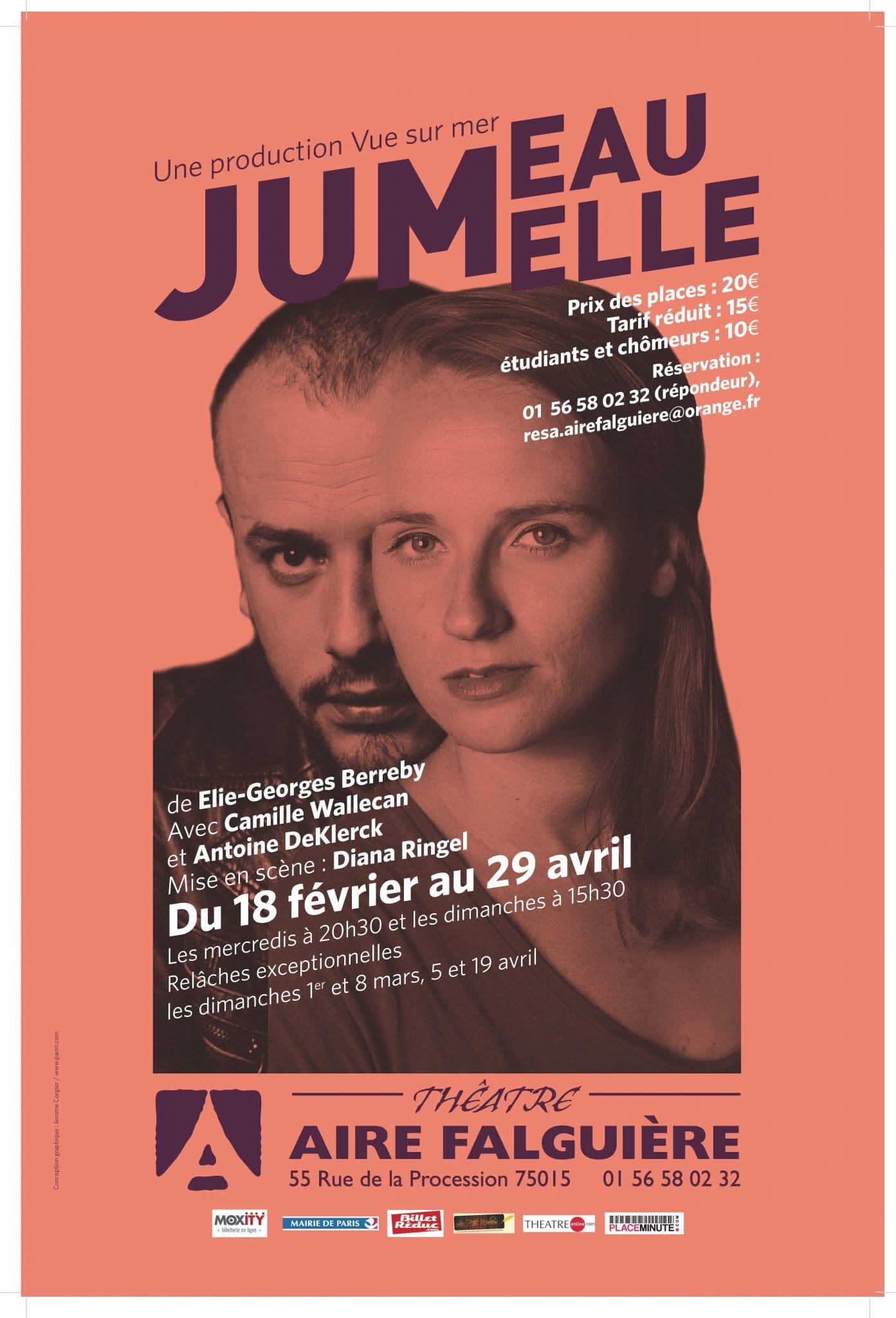 Cartel JUMEAUELLE con dos actores, Théâtre de l'Aire Falguière, febrero-abril.