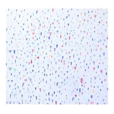 Dessin minimaliste Metsä représentant une multitude de petits arbres colorés sur un fond blanc pour une exposition artistique.