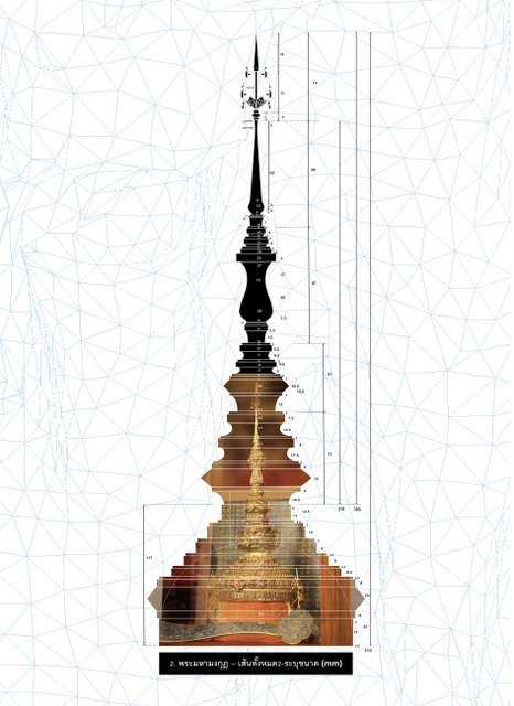 Mongkut d'Arin Rungjang, dessin technique de stupa avec cotes en millimètres.