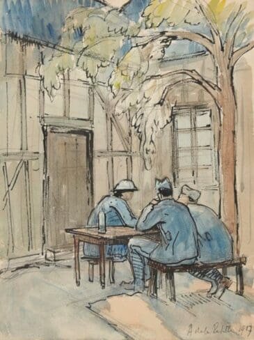 Trois soldats attablés sous un arbre, œuvre d'Amédée de la Patellière, 1917, exposée au Mudo-Musée de l'Oise.