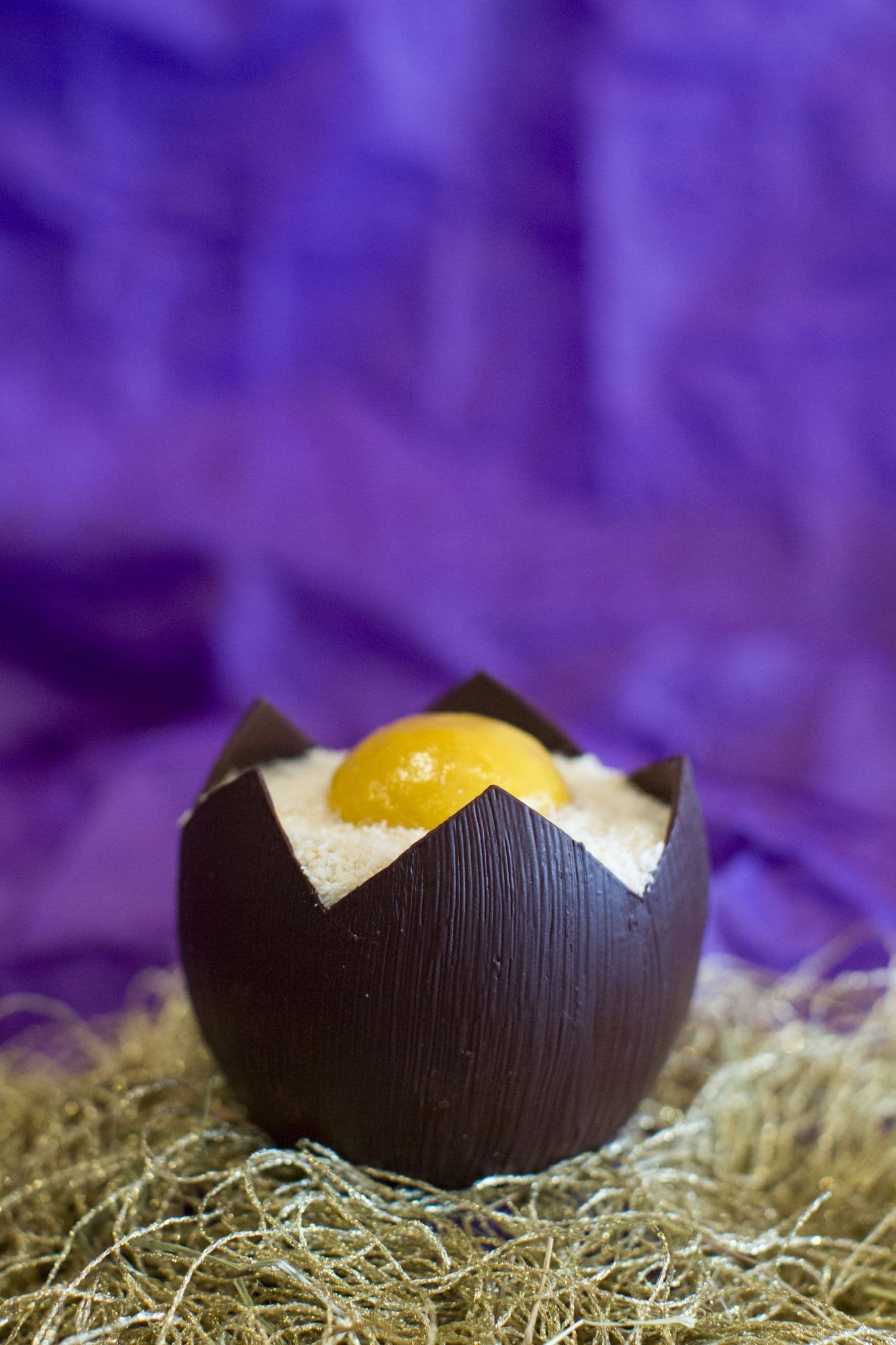 Foucade filled chocolate egg, egg yolk, Easter 2015.