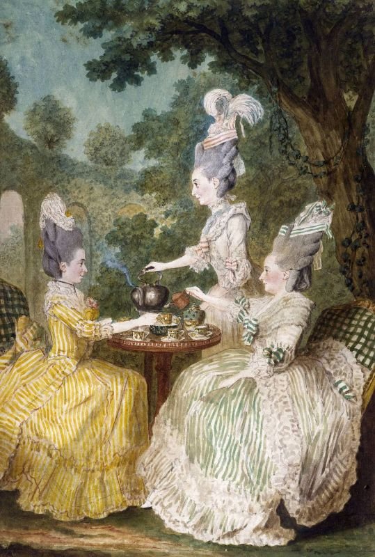 MME LA MARQUISE DE MONTESSON, MME LA MARQUISE DU CREST ET MME LA COMTESSE DE DAMAS PRENANT LE THE DANS UN JARDIN Trois marquises buvant le thé dans un jardin, peinture de style Carmontelle.