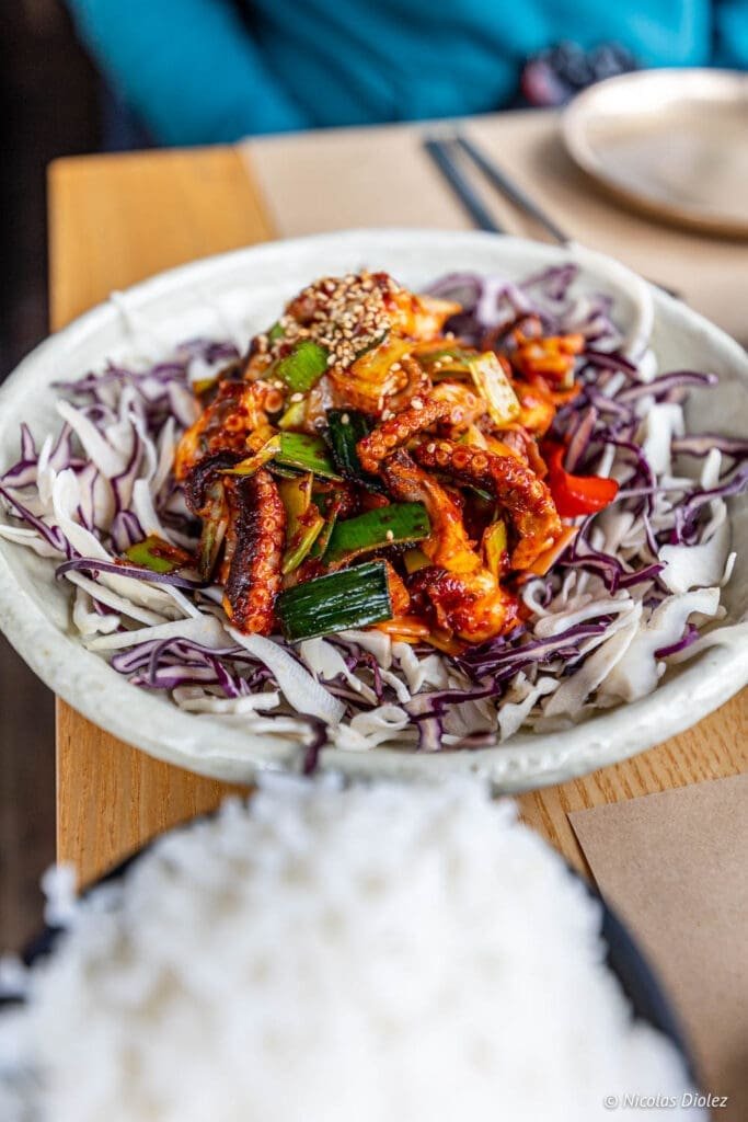 Pouple sauté épicé coréen sur lit de chou, avec riz à l'avant.