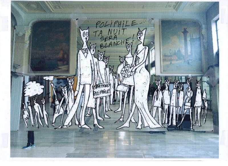 Alain Séchas dessin "Poliphile... ta nuit sera blanche!" Nuit Blanche 2016.