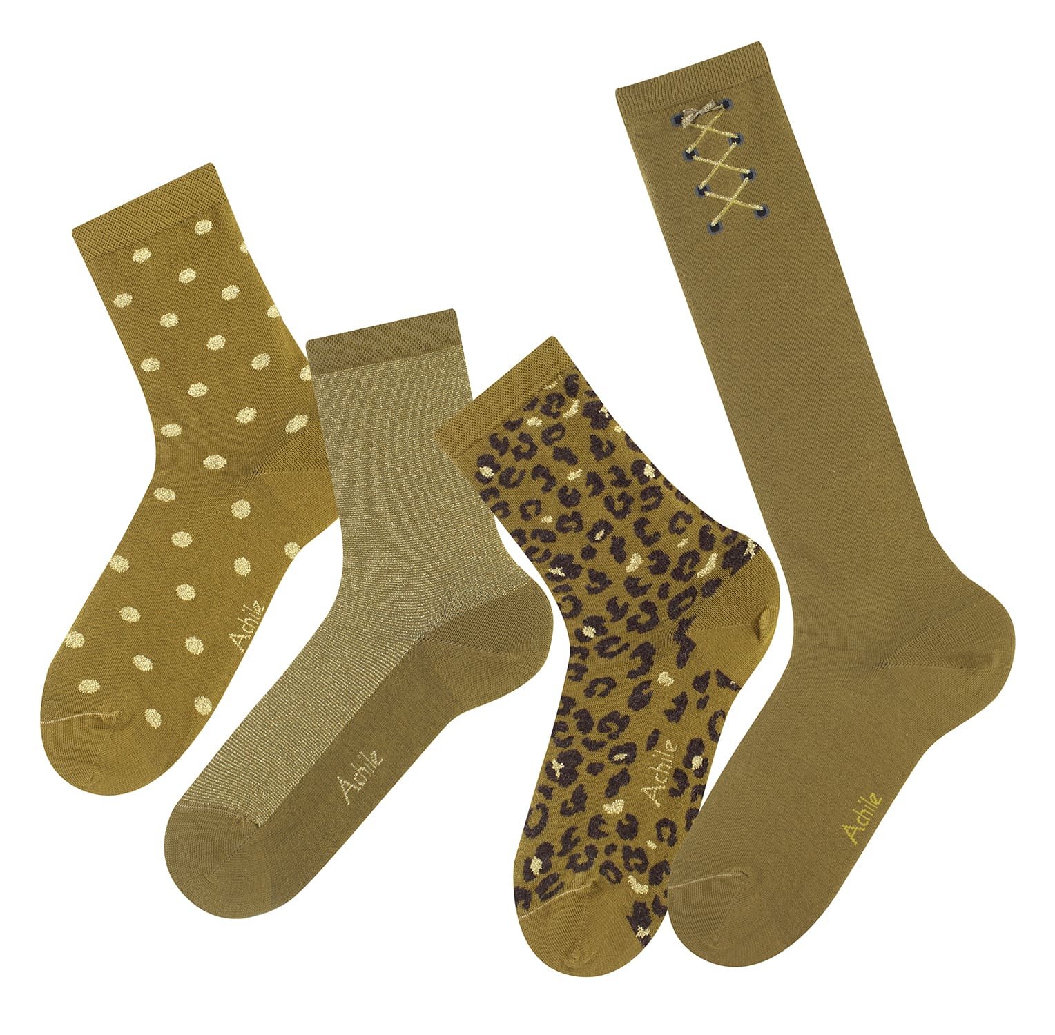 achile-chaussettes-gold-et-lurex Lot de chaussettes fantaisie Achile : pois, lurex, léopard et dentelle.