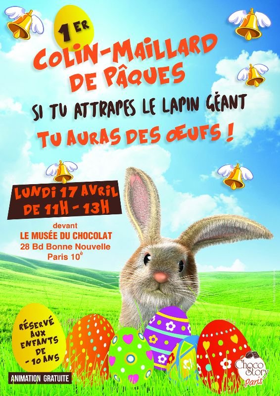 Easter blind man's buff at the Chocolate Museum with a giant rabbit and eggs.