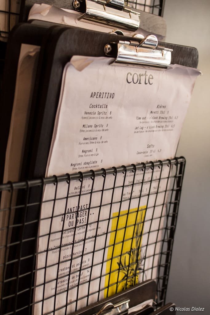 Menus de l'Aperitivo et Antipasti du restaurant Corte, près de Versailles.