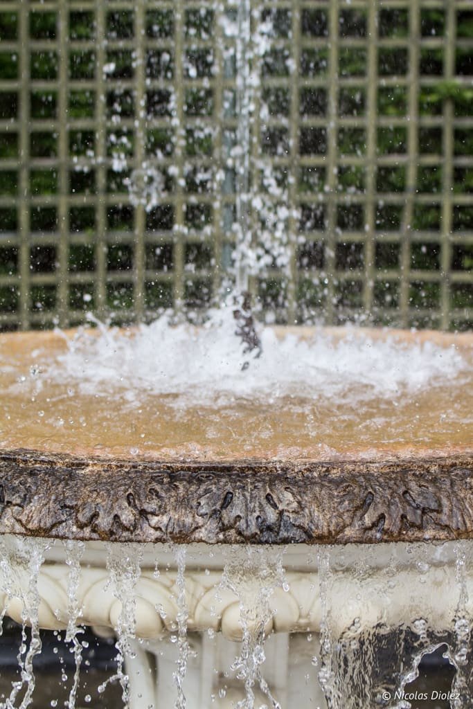 Jet d'eau jaillissant d'une vasque ornée dans les jardins du Château de Versailles.