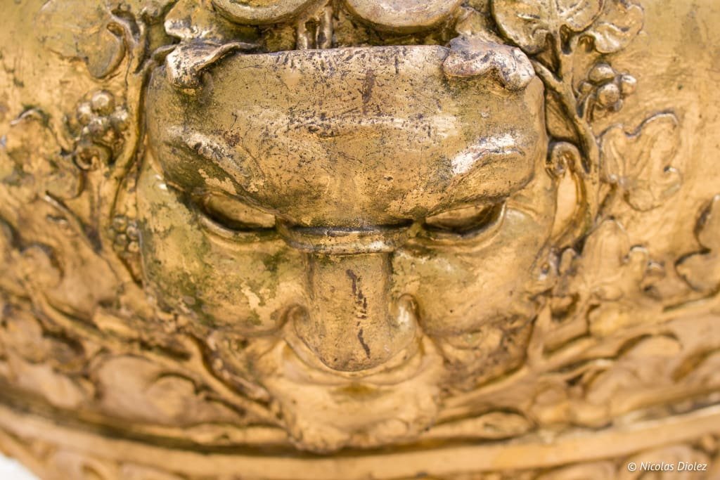 Détail masque doré orné de feuilles et de fruits, sculpture Versailles.