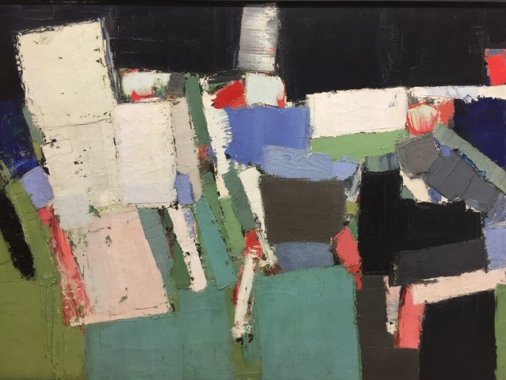 Peinture abstraite de Jean Dubuffet ou De Staël, couleurs vives et textures épaisses.