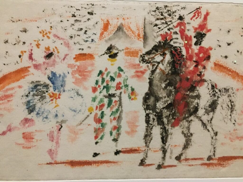 Esquisse de scène de cirque avec Pulcinella, cavalier et acrobate, style Picasso.