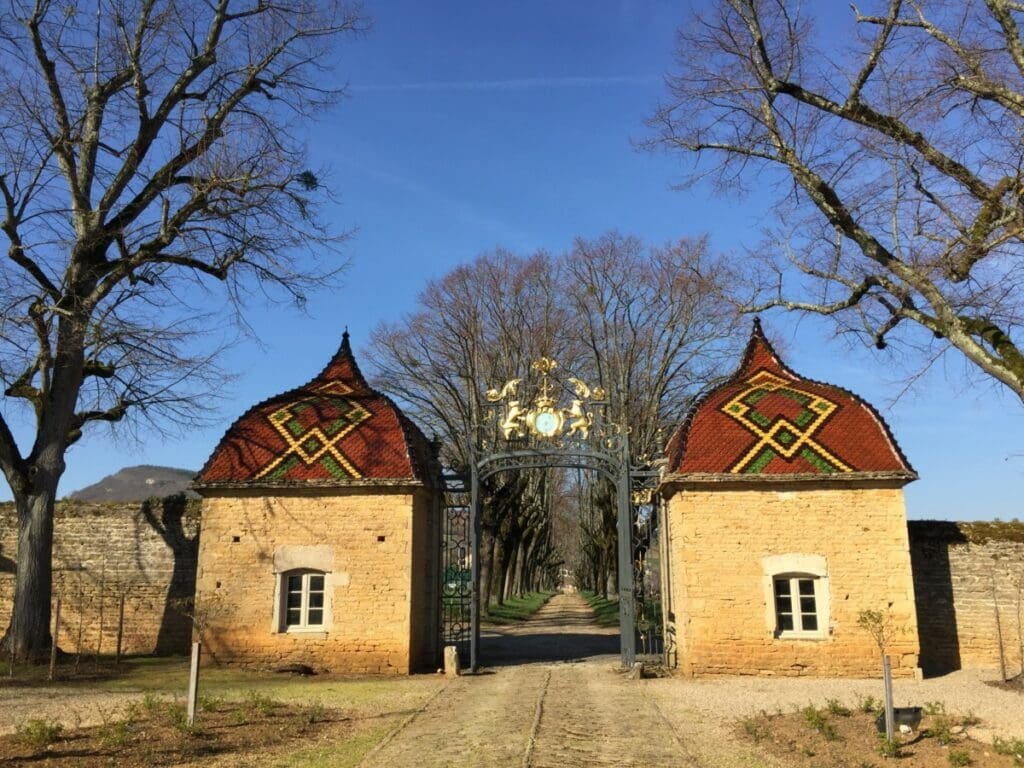 Château de Pierreclos - DR Valérie Collet 2019 Entrée du Château de Pierreclos avec pavillons aux toits de tuiles vernissées.