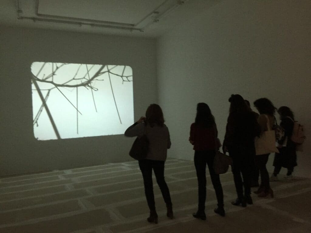 Spectateurs observant une projection d'art contemporain dans une galerie sombre.
