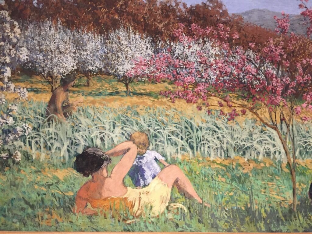 Peinture Ker-Xavier Roussel : femme et enfant dans un verger fleuri.