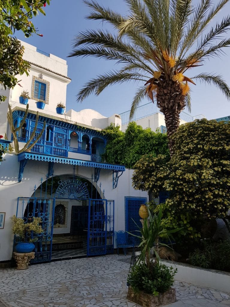 Musée Dar el-Annabi Sidi Bou Saïd - DR Melle Bon Plan 2019 Entrée bleue et blanche typique de Sidi Bou Saïd avec palmier.