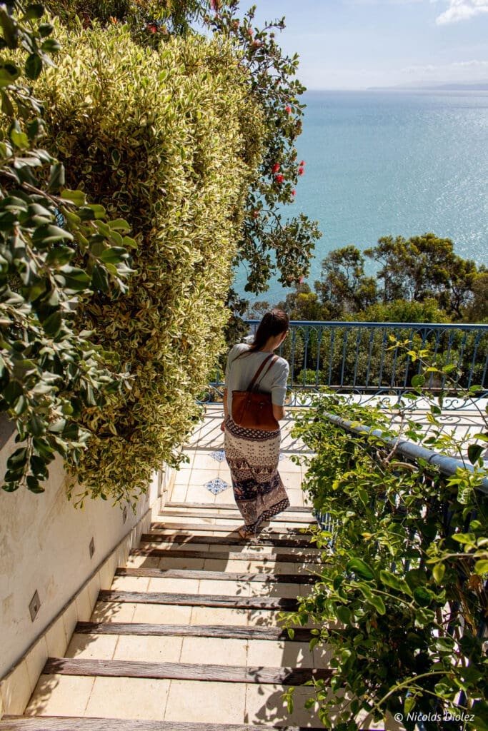 Villa Bleue Sidi Bou Saïd - DR Nicolas Diolez 2019 Femme descendant un escalier avec vue sur la mer à Sidi Bou Saïd.