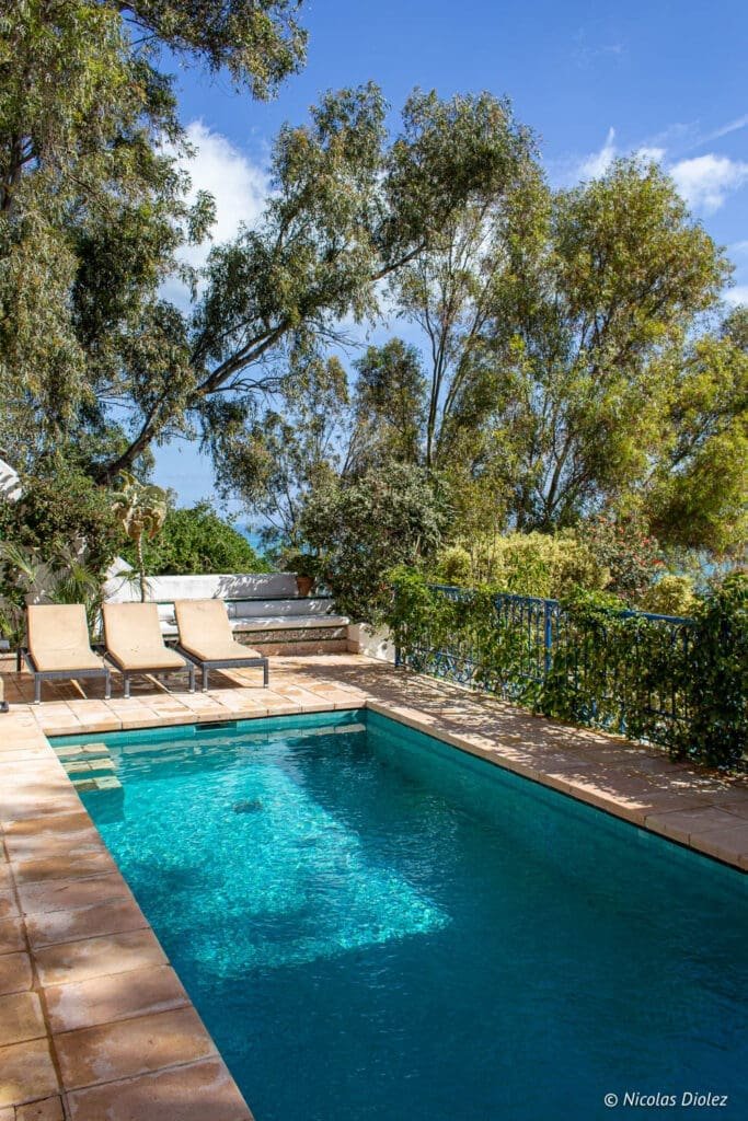 Villa Bleue Sidi Bou Saïd - DR Nicolas Diolez 2019 Piscine extérieure avec chaises longues et végétation luxuriante à Sidi Bou Saïd.