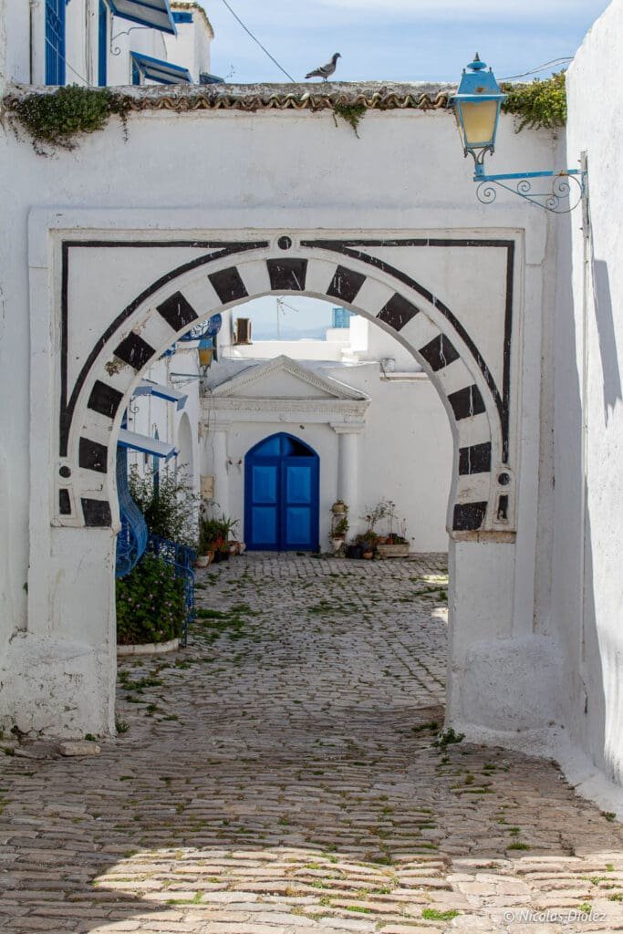 Passage voûté orné de noir et blanc à Sidi Bou Saïd, Tunisie.