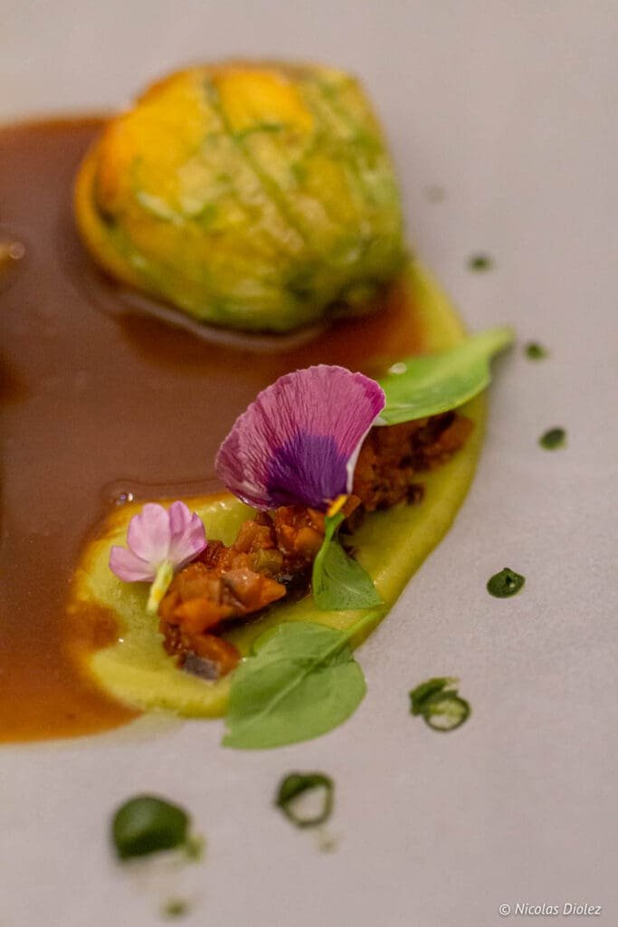 Gourmet dish with flower and sauce, Le Logis de la Cadène.