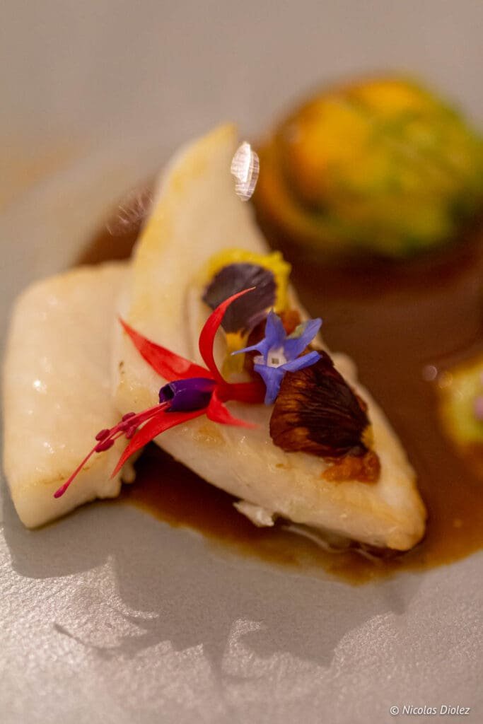 Fish from Logis de la Cadène garnished with edible flowers. Photo Nicolas Diolez.