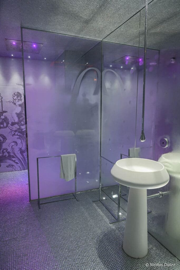 Espace bien-être de l'Hôtel La Lanterne : lavabo design et douche vapeur.