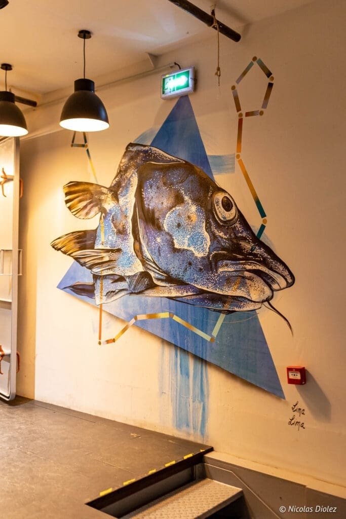Fresque de poisson sur mur, décor intérieur du bar à vin flottant La Bougeotte.