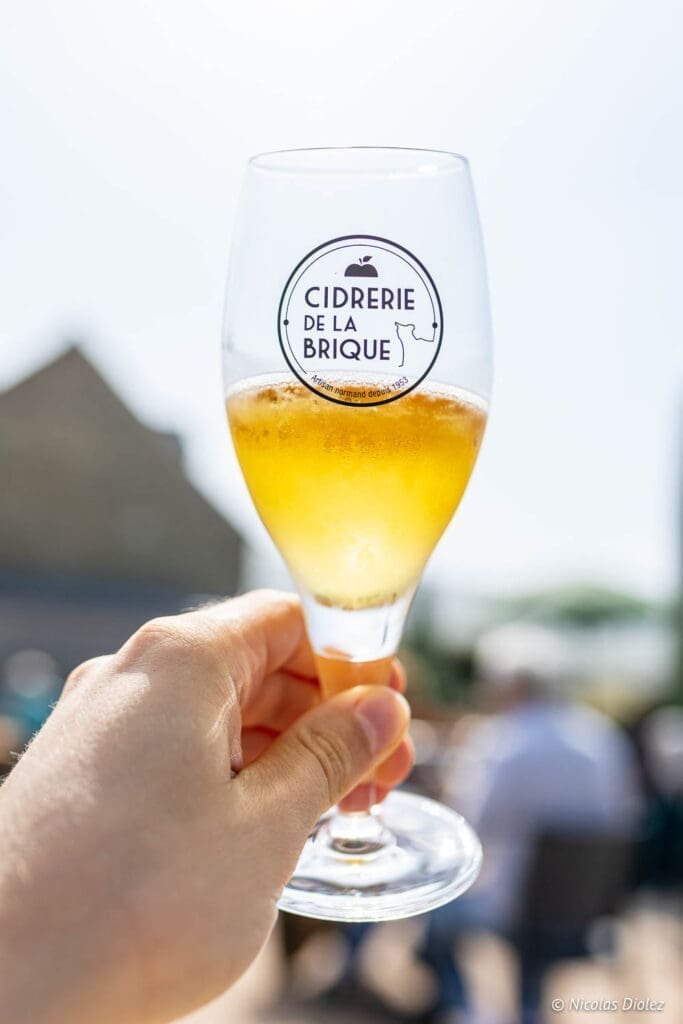 Verre de cidre Cidrerie de la Brique tenu en main.