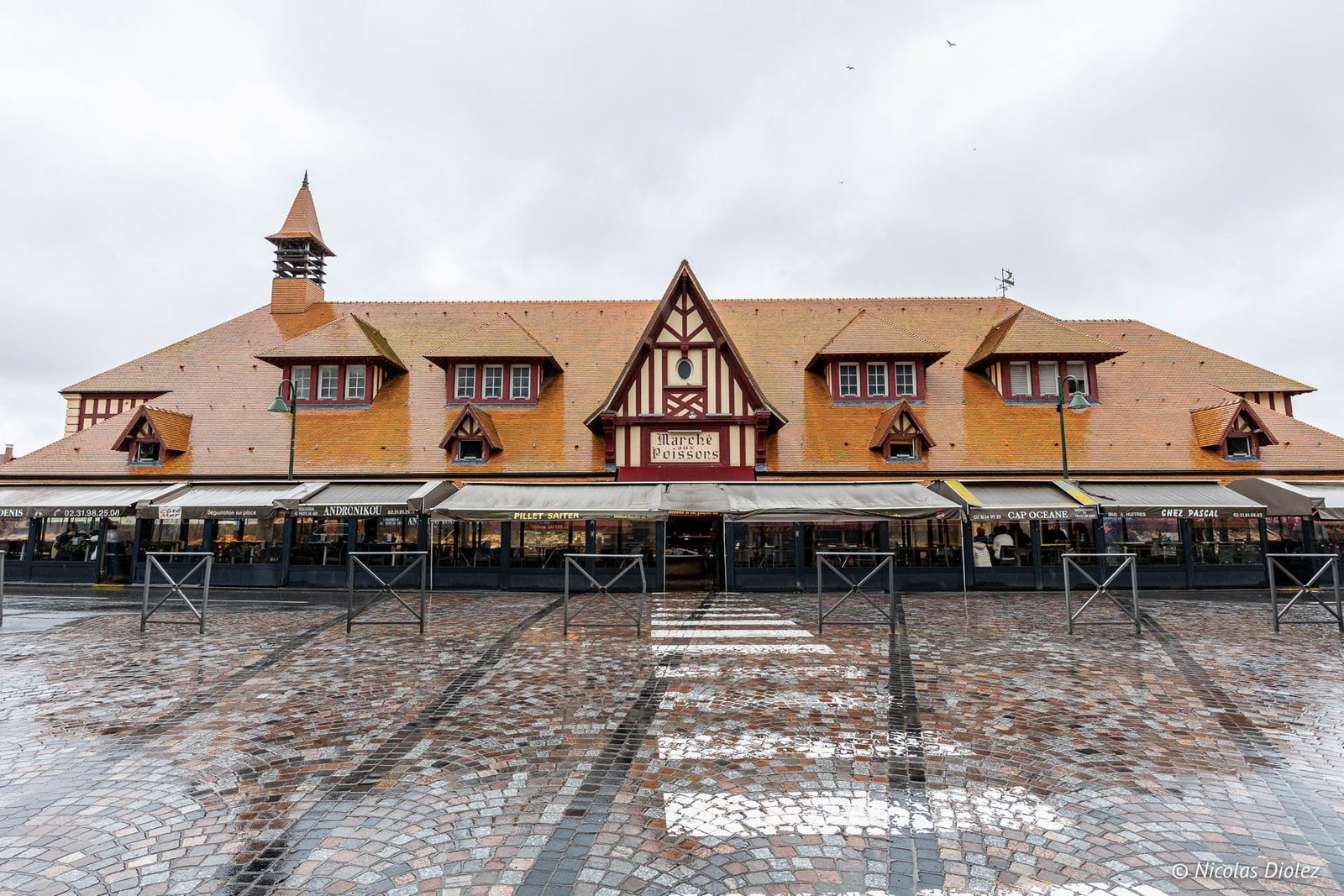 Marché aux Poissons de Trouville devant une place pavée mouillée.