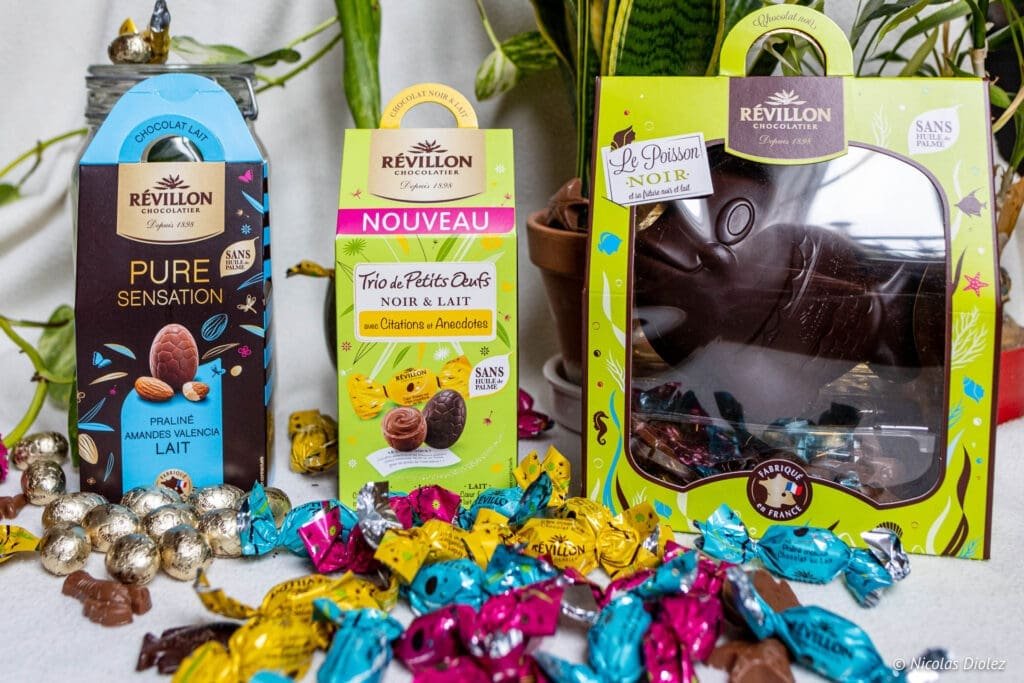 Révillon Easter chocolates: Eggs, Dark Fish, Pure Sensation, and colored packaging.