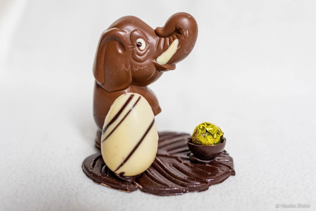 Easter chocolate elephant with white egg and wrapped chocolate.