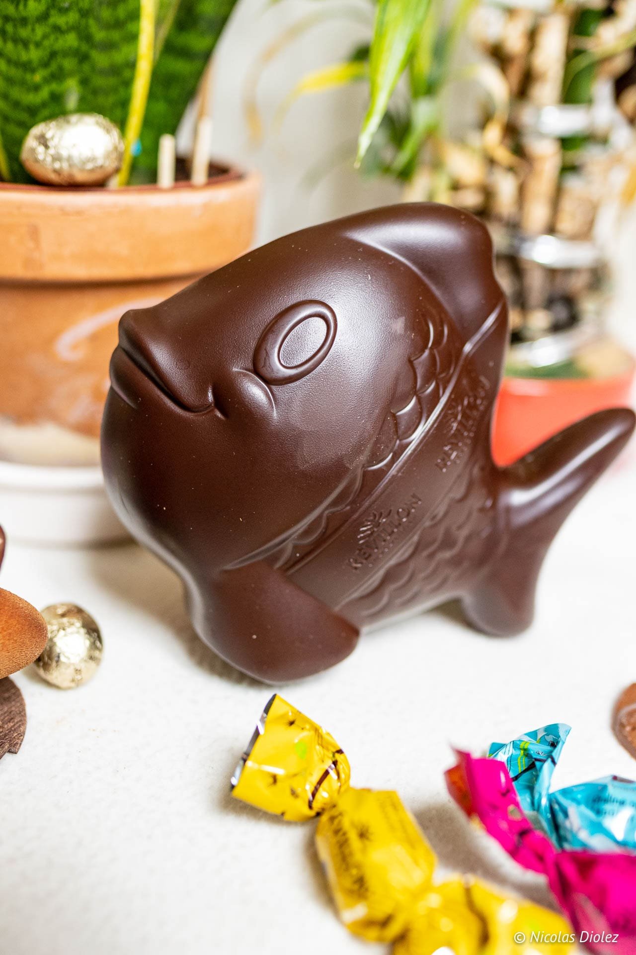 Révillon Easter chocolate fish with candies and plant decoration.