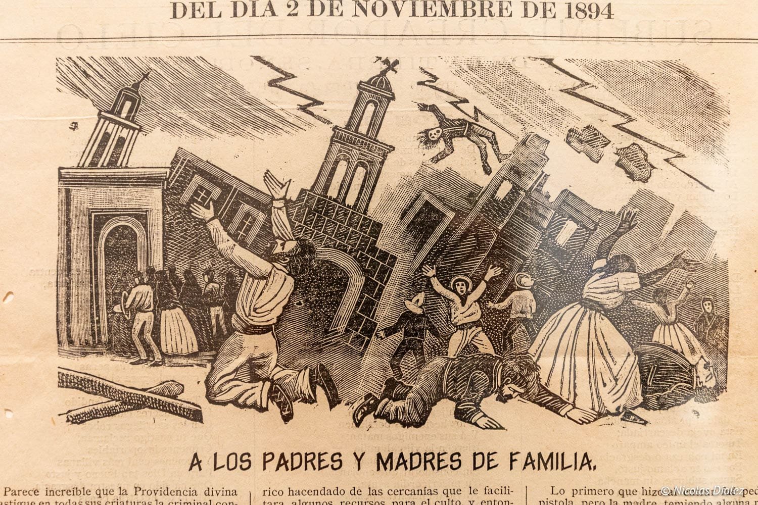 Gravure ancienne illustrant un tremblement de terre ou une catastrophe avec des personnages en détresse.