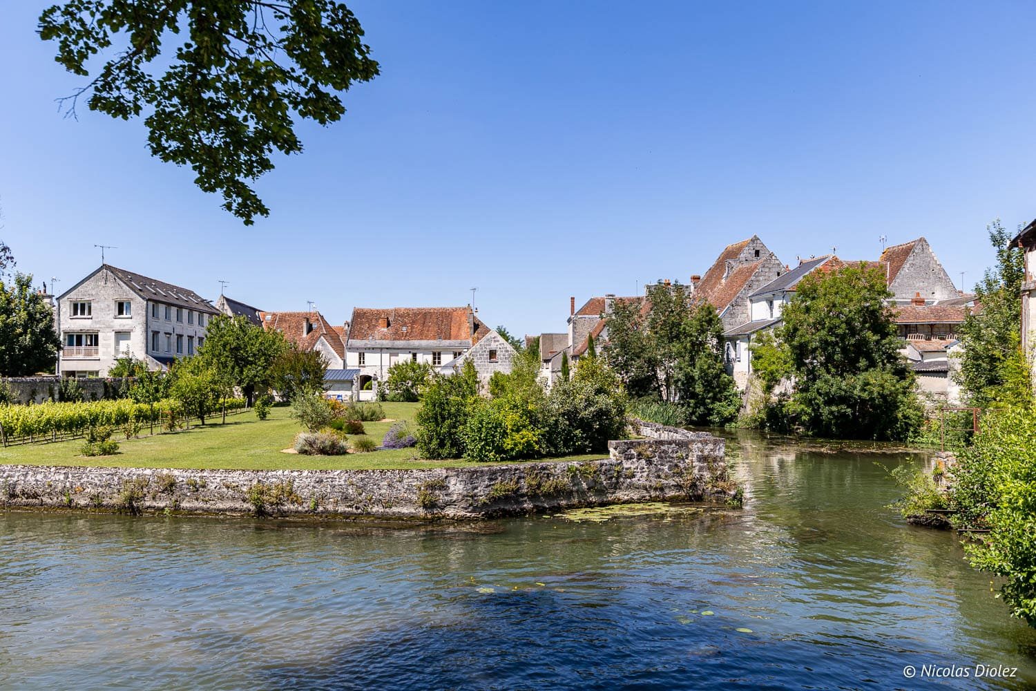 Beaulieu-lès-Loches : maisons traditionnelles au bord de l'eau avec vignes.