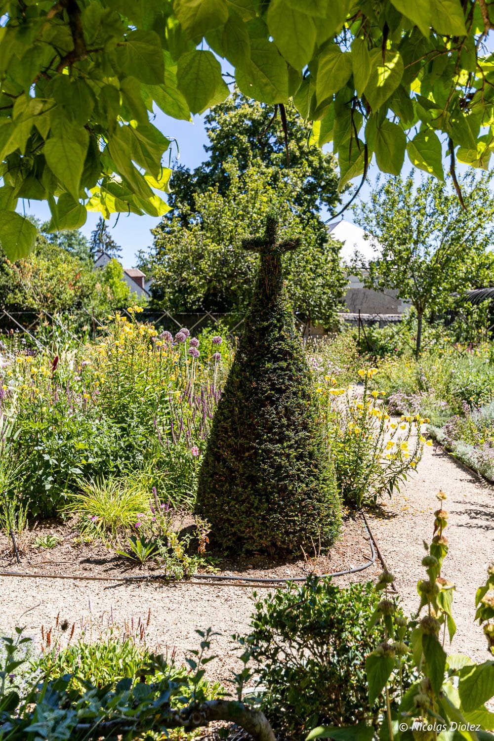 Jardin fleuri de Chédigny avec topiaire en forme de croix, Sud Touraine.