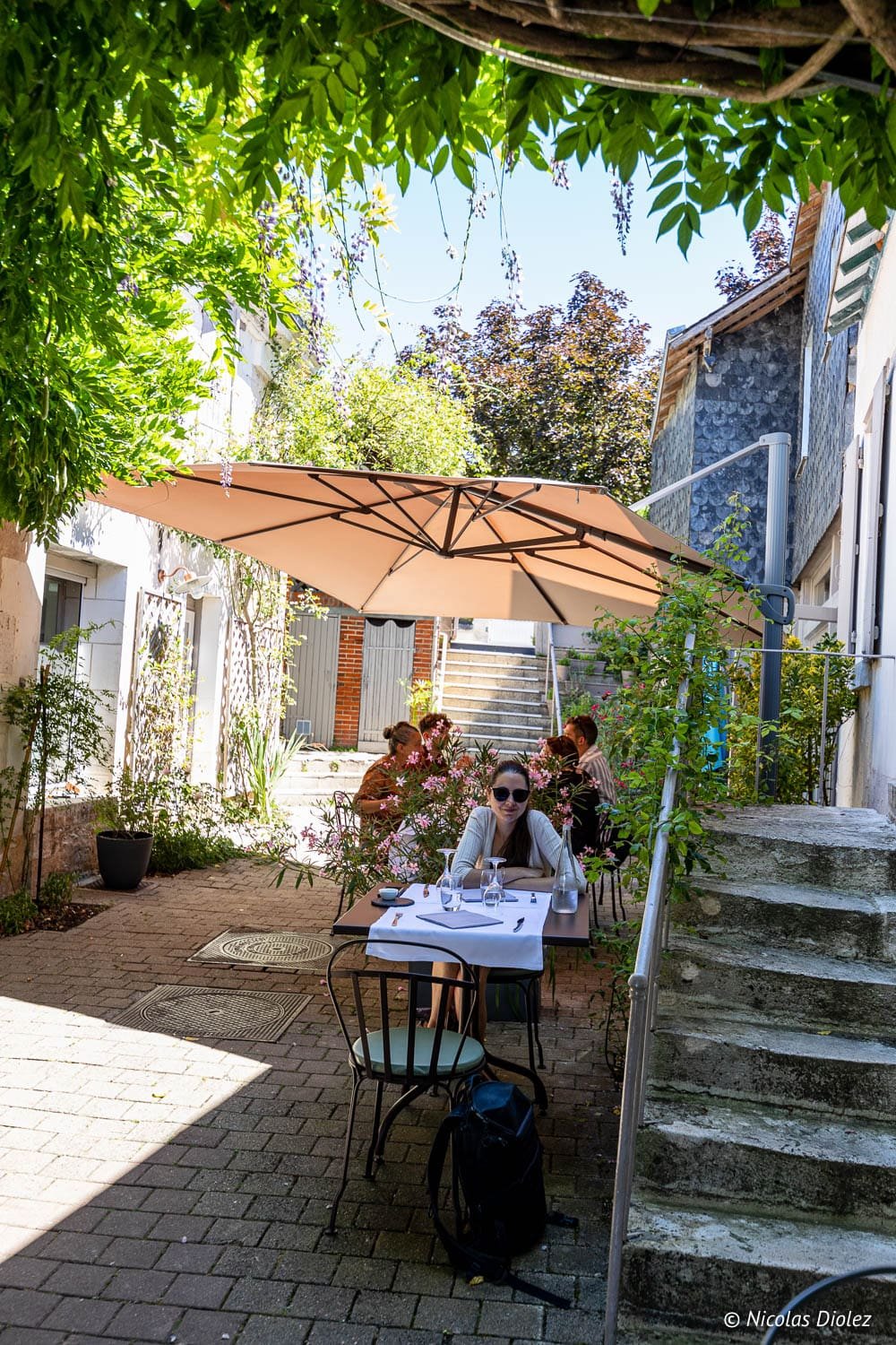 Terrasse ombragée du Clos aux Roses à Chédigny, Sud Touraine.