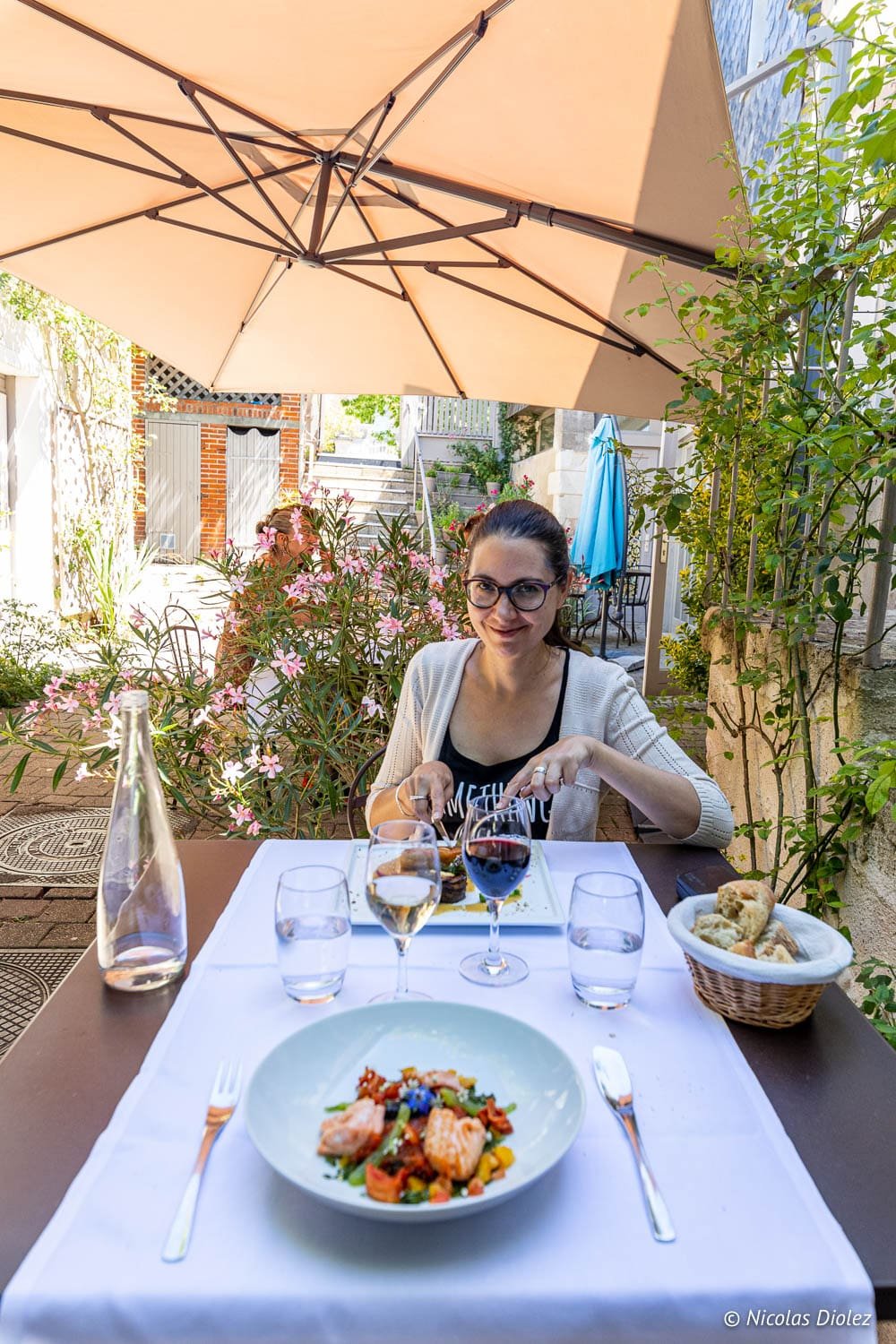 Dégustation en terrasse au Clos aux Roses à Chédigny, Sud Touraine.