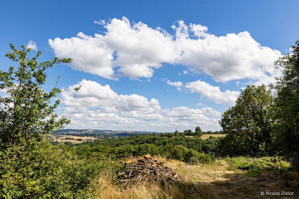 Paysage de verdure et ciel bleu nuageux dans les Bastides et Gorges de l'Aveyron.