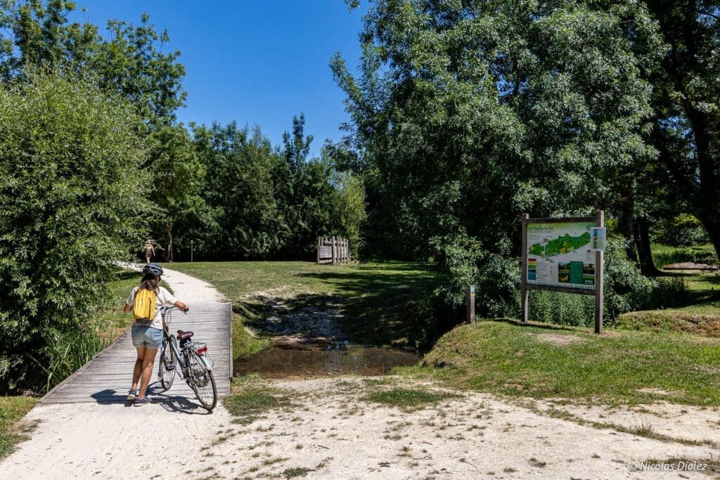 Cycliste femme avec vélo près d'un pont et panneau d'information sur un sentier nature.