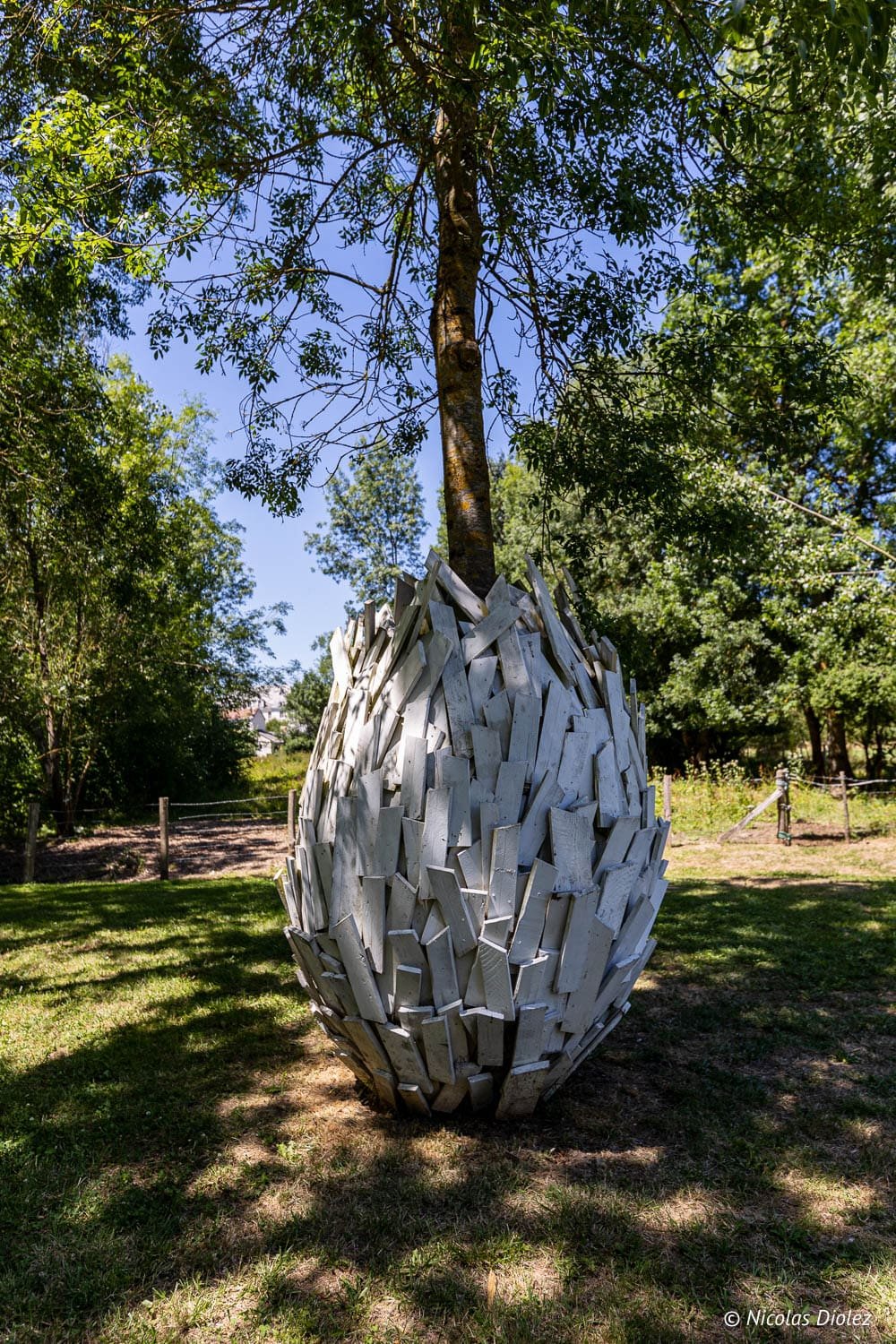 Sculpture artistique moderne autour d'un arbre lors d'une balade à vélo près de Loches.