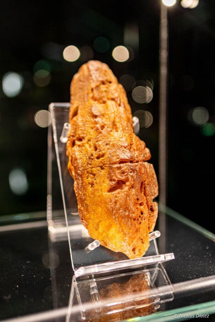 Gros morceau d'ambre brut exposé dans un présentoir transparent au Musée de l'ambre de Gdańsk.