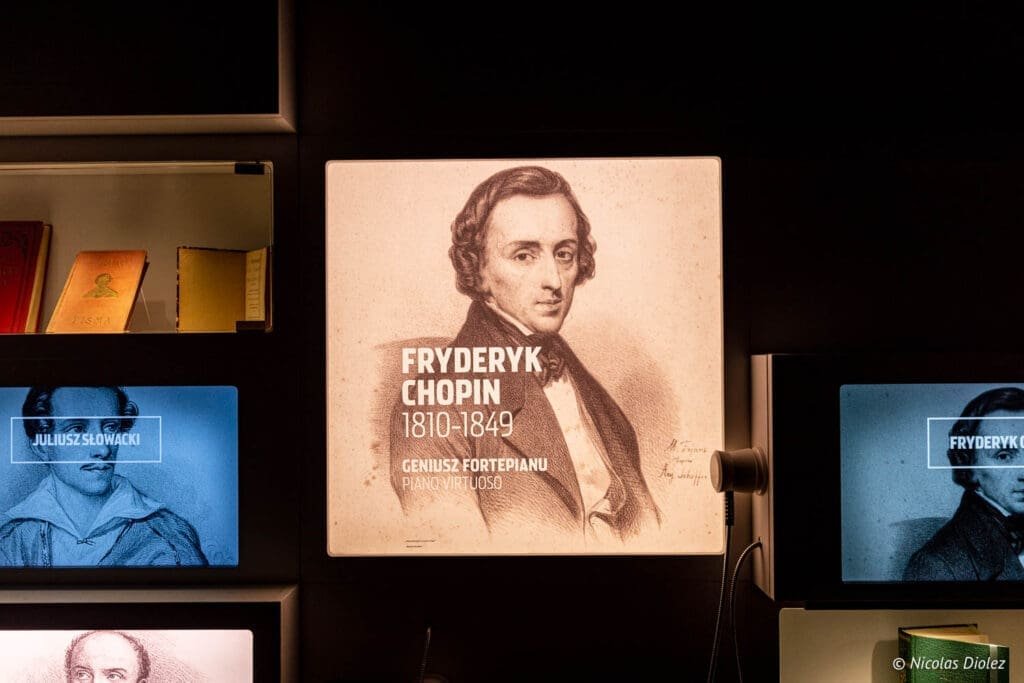 Panneau lumineux du Musée de l'Immigration de Gdynia avec portrait de Fryderyk Chopin.